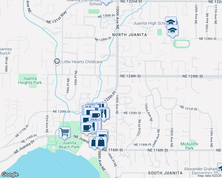 map of restaurants, bars, coffee shops, grocery stores, and more near 9830 Northeast 122nd Street in Kirkland