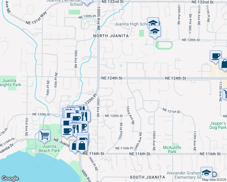 map of restaurants, bars, coffee shops, grocery stores, and more near 10022 Northeast 123rd Street in Kirkland