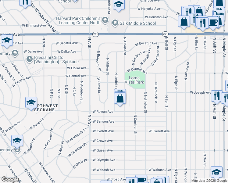 map of restaurants, bars, coffee shops, grocery stores, and more near 5728 North Lindeke Street in Spokane