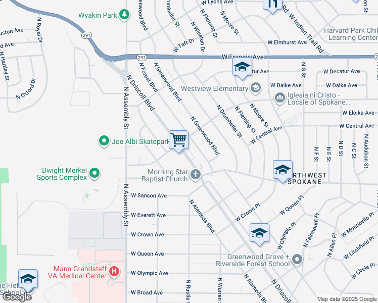 map of restaurants, bars, coffee shops, grocery stores, and more near 5618 North Forest Boulevard in Spokane