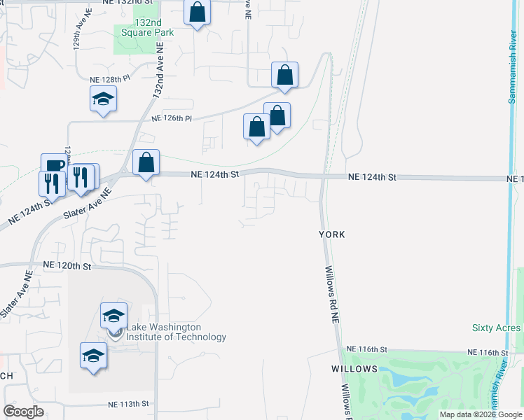 map of restaurants, bars, coffee shops, grocery stores, and more near 12328 134th Ct NE in Redmond