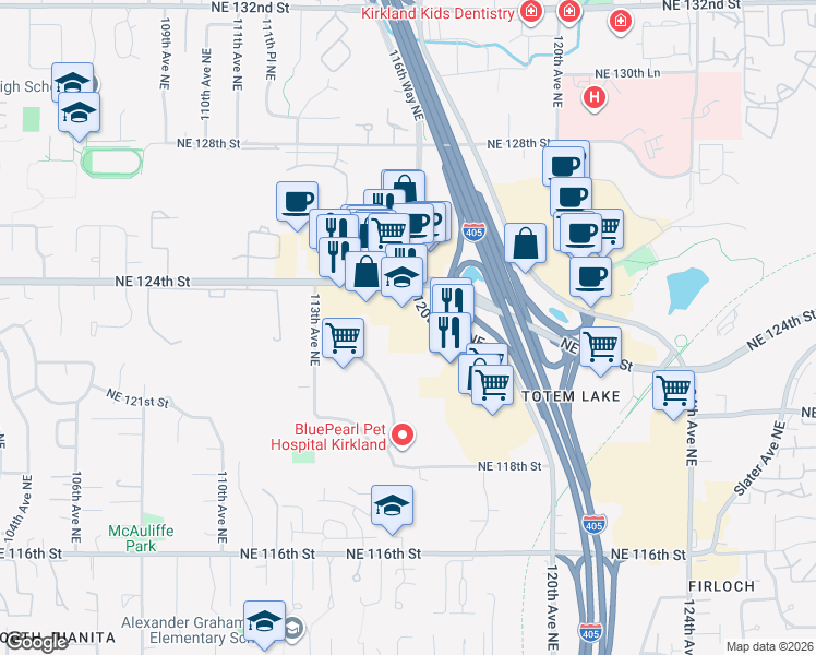 map of restaurants, bars, coffee shops, grocery stores, and more near in Kirkland