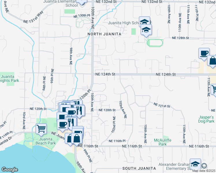 map of restaurants, bars, coffee shops, grocery stores, and more near 10213 Northeast 124th Street in Kirkland