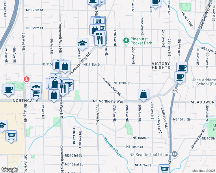 map of restaurants, bars, coffee shops, grocery stores, and more near 11309 Goodwin Way Northeast in Seattle