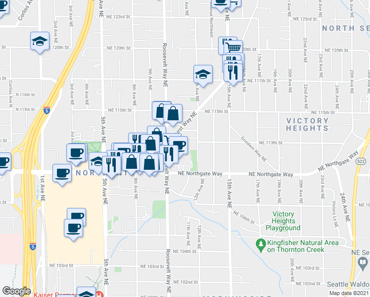 map of restaurants, bars, coffee shops, grocery stores, and more near 1033 Northeast 113th Street in Seattle