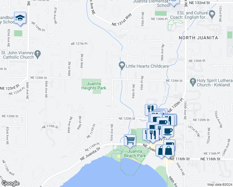 map of restaurants, bars, coffee shops, grocery stores, and more near 9309 Northeast 123rd Court in Kirkland