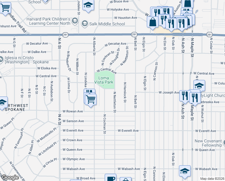 map of restaurants, bars, coffee shops, grocery stores, and more near 5727 North Nettleton Street in Spokane