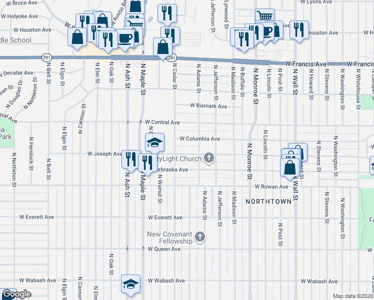 map of restaurants, bars, coffee shops, grocery stores, and more near 1337 West Columbia Avenue in Spokane