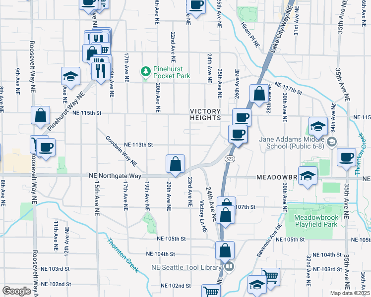 map of restaurants, bars, coffee shops, grocery stores, and more near 2020 Northeast 113th Street in Seattle