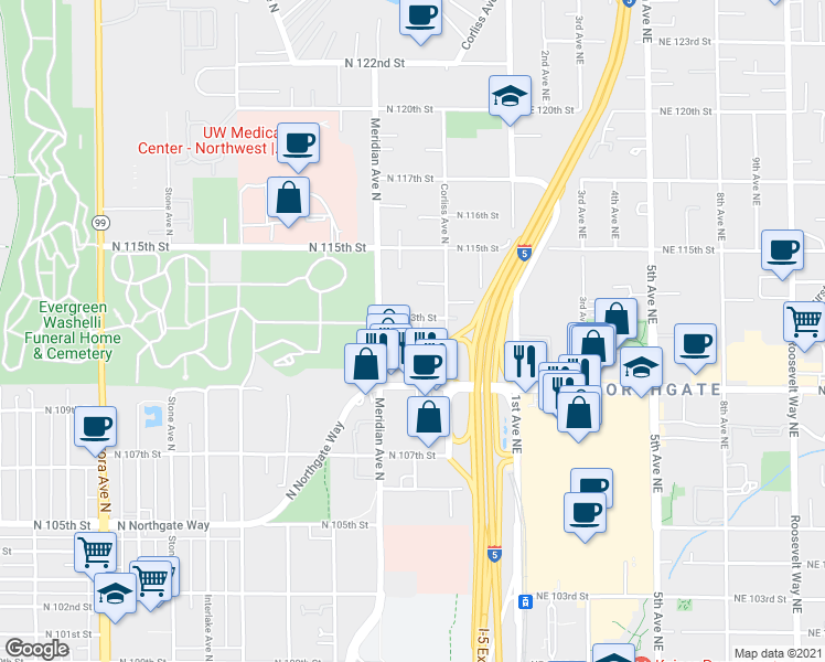 map of restaurants, bars, coffee shops, grocery stores, and more near 2131 North 113th Street in Seattle