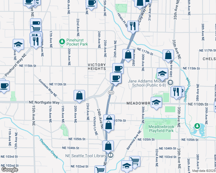 map of restaurants, bars, coffee shops, grocery stores, and more near 2460 Northeast Northgate Way in Seattle