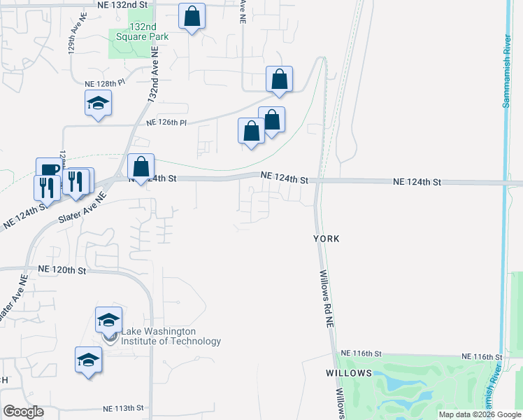 map of restaurants, bars, coffee shops, grocery stores, and more near 12255 138th Place Northeast in Redmond