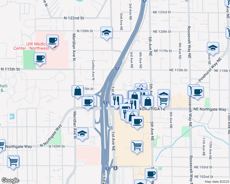 map of restaurants, bars, coffee shops, grocery stores, and more near 11210 1st Avenue Northeast in Seattle