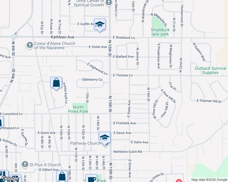 map of restaurants, bars, coffee shops, grocery stores, and more near 3552 North 15th Street in Coeur d'Alene