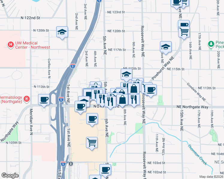 map of restaurants, bars, coffee shops, grocery stores, and more near 520 Northeast 112th Street in Seattle
