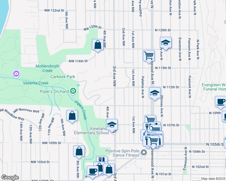 map of restaurants, bars, coffee shops, grocery stores, and more near 302 Northwest 112th Street in Seattle