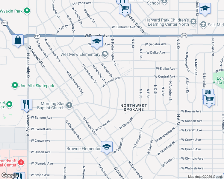 map of restaurants, bars, coffee shops, grocery stores, and more near 5714 North Fleming Street in Spokane