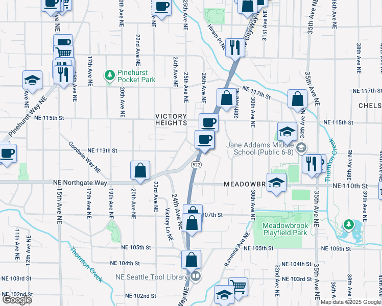 map of restaurants, bars, coffee shops, grocery stores, and more near 11285 Lake City Way Northeast in Seattle