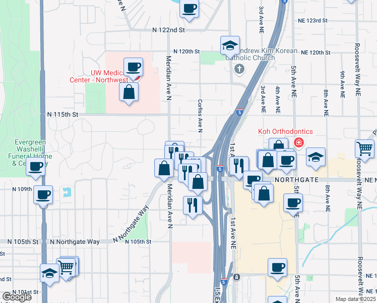 map of restaurants, bars, coffee shops, grocery stores, and more near 2130B North 113th Street in Seattle