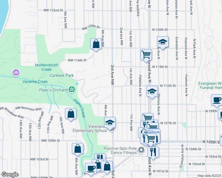 map of restaurants, bars, coffee shops, grocery stores, and more near 302 Northwest 112th Street in Seattle
