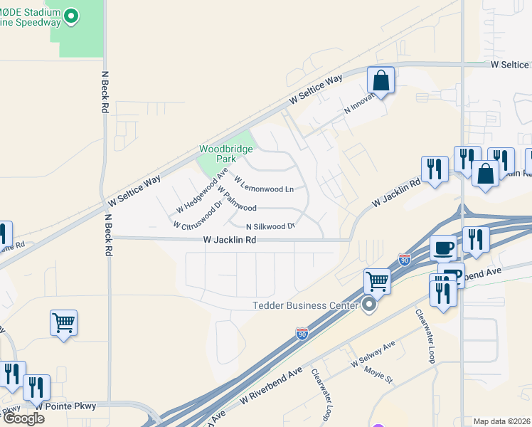 map of restaurants, bars, coffee shops, grocery stores, and more near 4955 West Palmwood Lane in Post Falls