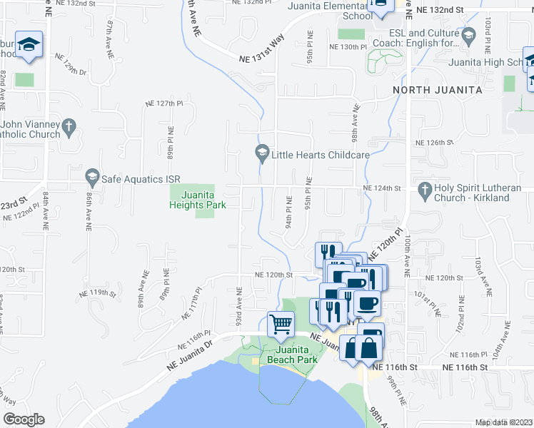 map of restaurants, bars, coffee shops, grocery stores, and more near 9320 Northeast 123rd Court in Kirkland