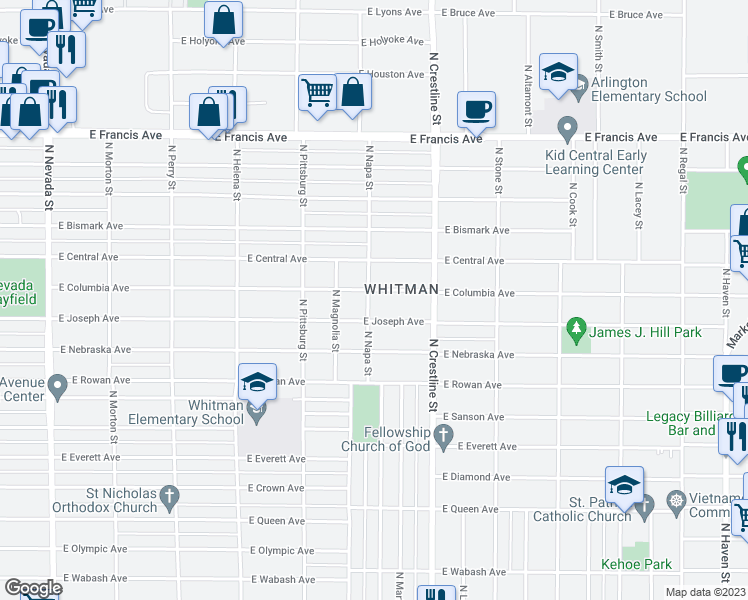 map of restaurants, bars, coffee shops, grocery stores, and more near 1913 East Columbia Avenue in Spokane