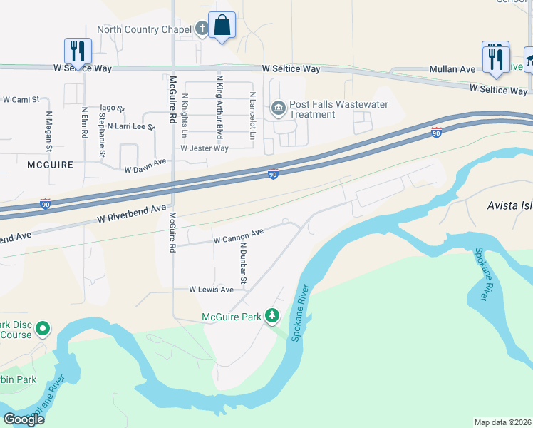 map of restaurants, bars, coffee shops, grocery stores, and more near 2037 West Cannon Avenue in Post Falls