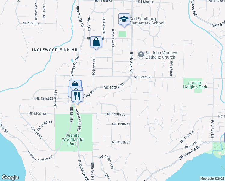 map of restaurants, bars, coffee shops, grocery stores, and more near 8212 Northeast 122nd Place in Kirkland