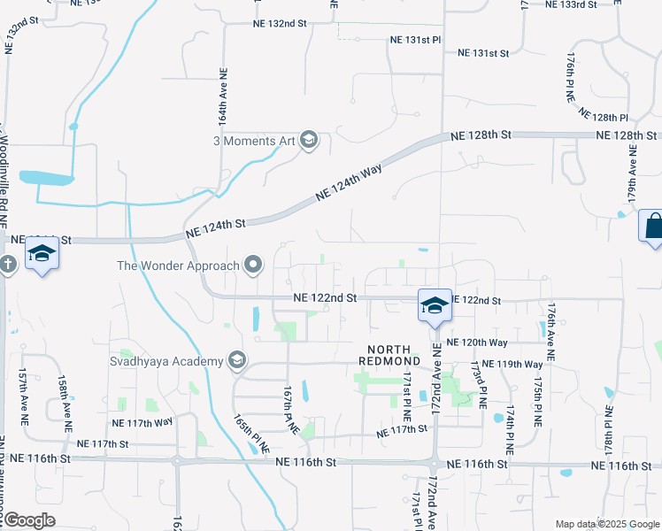 map of restaurants, bars, coffee shops, grocery stores, and more near 12265 168th Court Northeast in Redmond
