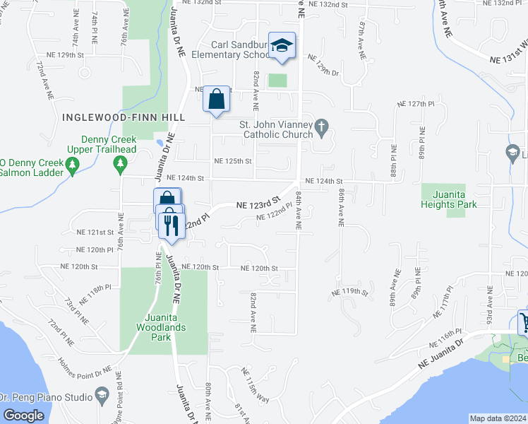 map of restaurants, bars, coffee shops, grocery stores, and more near 8212 Northeast 122nd Place in Kirkland