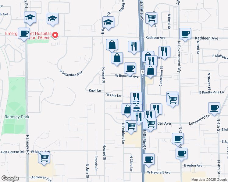 map of restaurants, bars, coffee shops, grocery stores, and more near 627 West Clady Lane in Coeur d'Alene