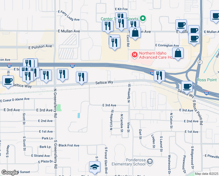 map of restaurants, bars, coffee shops, grocery stores, and more near 3000 East Seltice Way in Post Falls