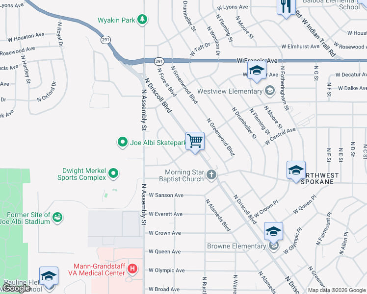 map of restaurants, bars, coffee shops, grocery stores, and more near 5716 North Alameda Boulevard in Spokane