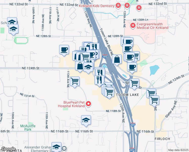 map of restaurants, bars, coffee shops, grocery stores, and more near 12301 120th Avenue Northeast in Kirkland