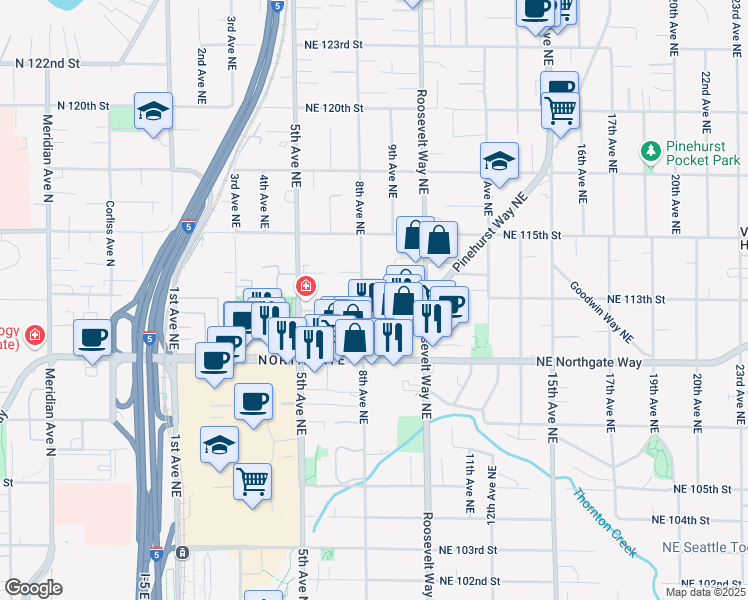 map of restaurants, bars, coffee shops, grocery stores, and more near 11147 8th Avenue Northeast in Seattle