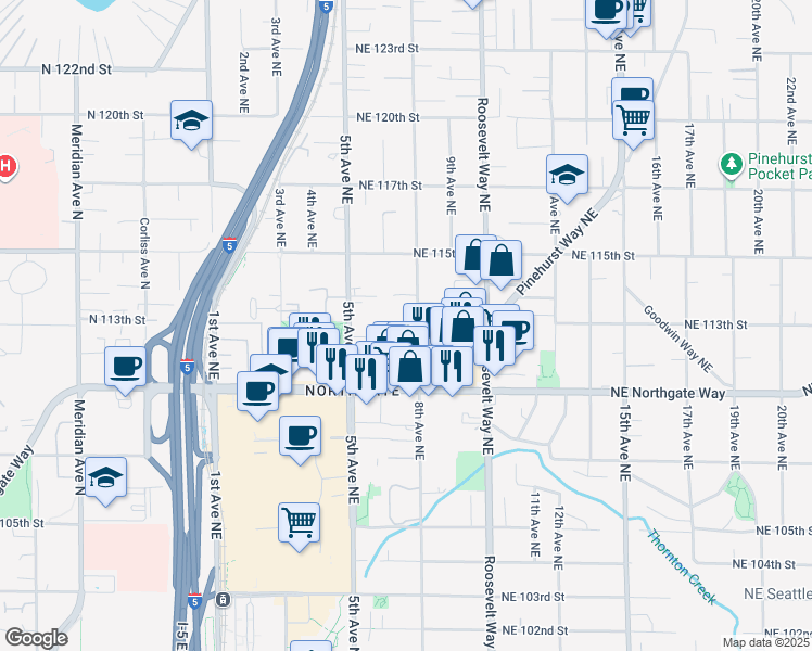 map of restaurants, bars, coffee shops, grocery stores, and more near 11147 8th Avenue Northeast in Seattle