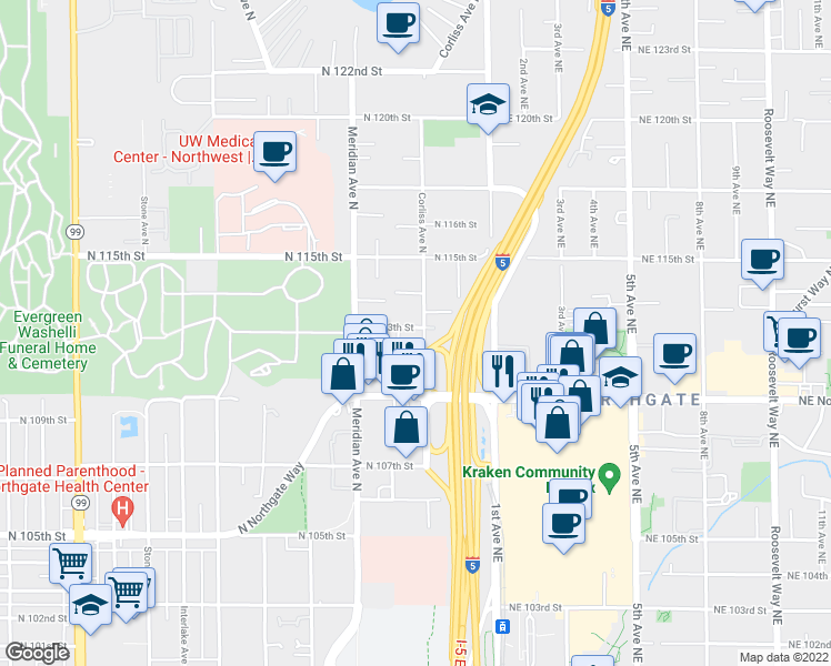 map of restaurants, bars, coffee shops, grocery stores, and more near in Seattle