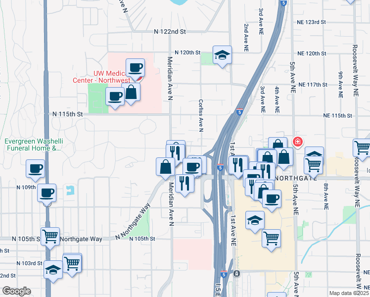 map of restaurants, bars, coffee shops, grocery stores, and more near 2130B North 113th Street in Seattle
