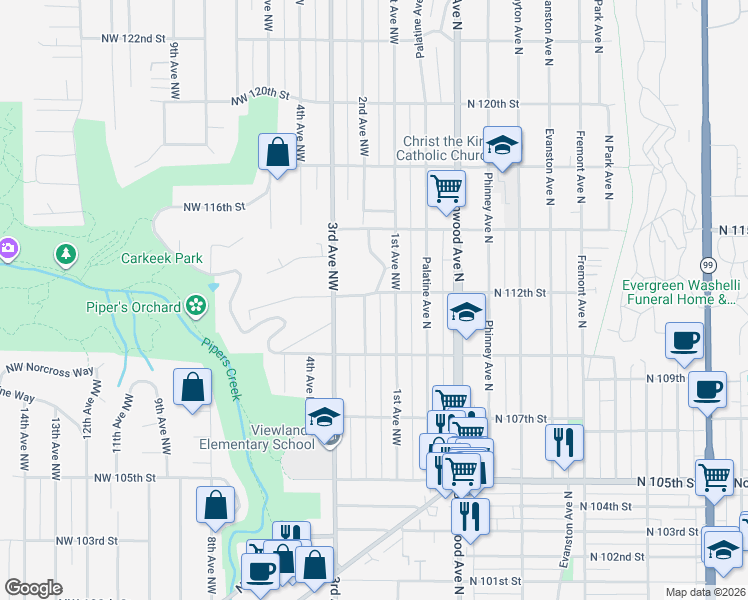 map of restaurants, bars, coffee shops, grocery stores, and more near 206 Northwest 112th Street in Seattle