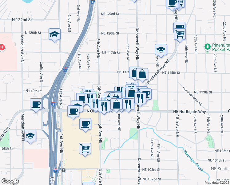 map of restaurants, bars, coffee shops, grocery stores, and more near 11057 8th Avenue Northeast in Seattle