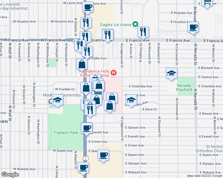 map of restaurants, bars, coffee shops, grocery stores, and more near 212 East Central Avenue in Spokane