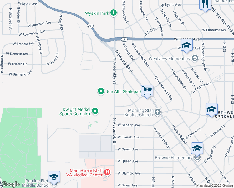 map of restaurants, bars, coffee shops, grocery stores, and more near 5722 North Assembly Street in Spokane