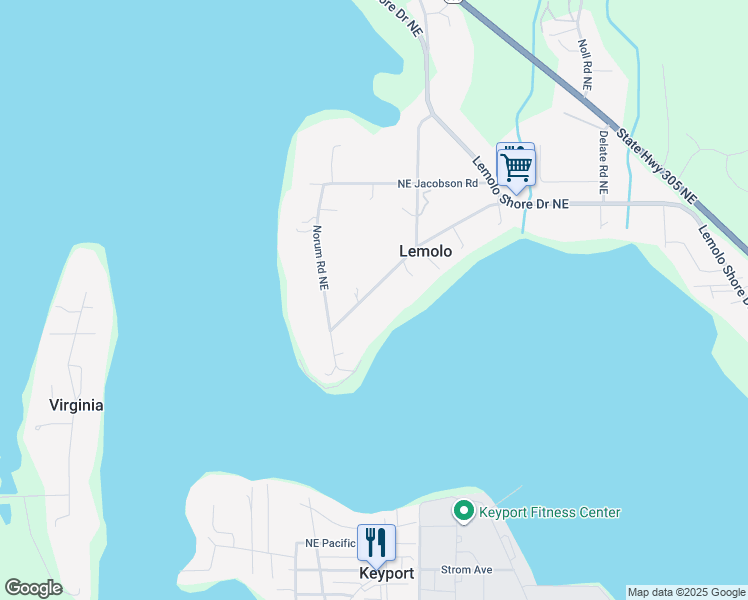 map of restaurants, bars, coffee shops, grocery stores, and more near 16172 Tuk Wil La Road Northeast in Poulsbo