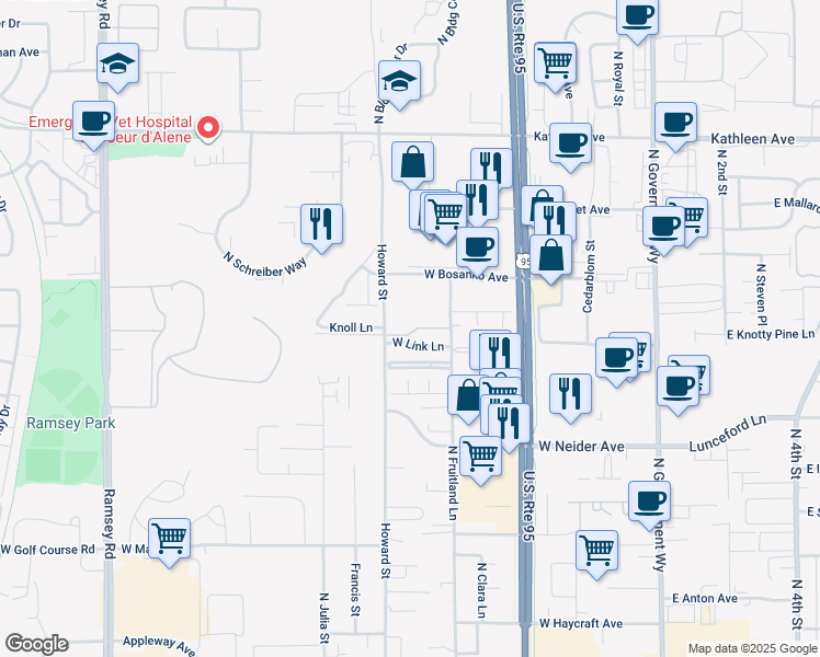 map of restaurants, bars, coffee shops, grocery stores, and more near 627 West Clady Lane in Coeur d'Alene