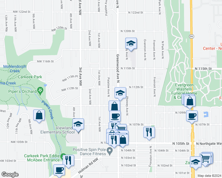 map of restaurants, bars, coffee shops, grocery stores, and more near 11056 Palatine Avenue North in Seattle