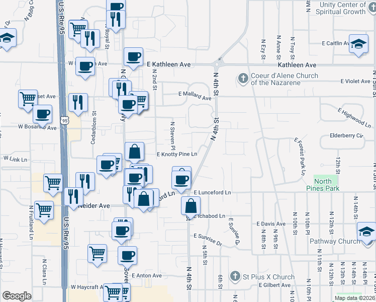 map of restaurants, bars, coffee shops, grocery stores, and more near 345 East Knotty Pine Lane in Coeur d'Alene
