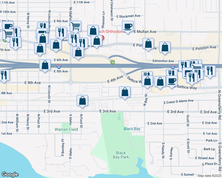 map of restaurants, bars, coffee shops, grocery stores, and more near 1124 East 4th Avenue in Post Falls