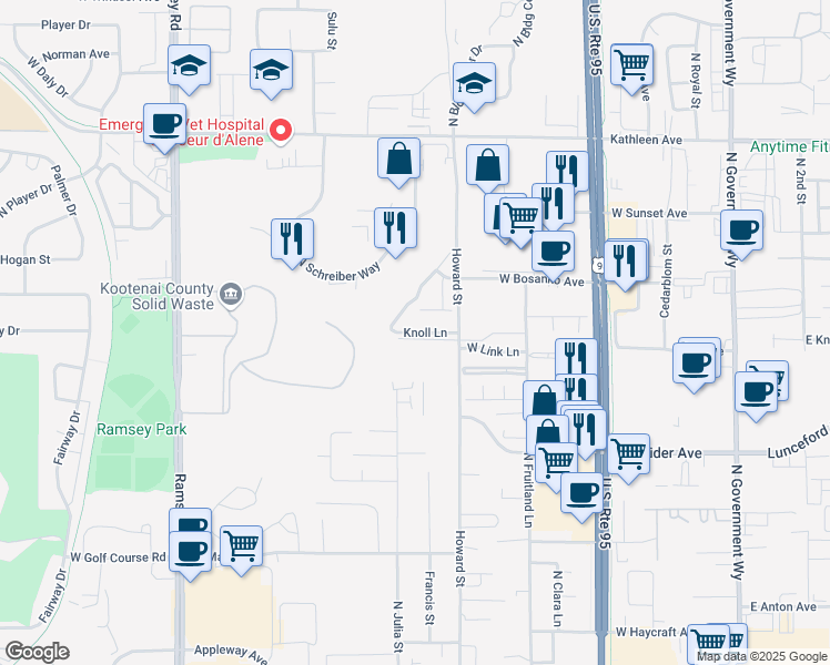 map of restaurants, bars, coffee shops, grocery stores, and more near 955 Knoll Lane in Coeur d'Alene
