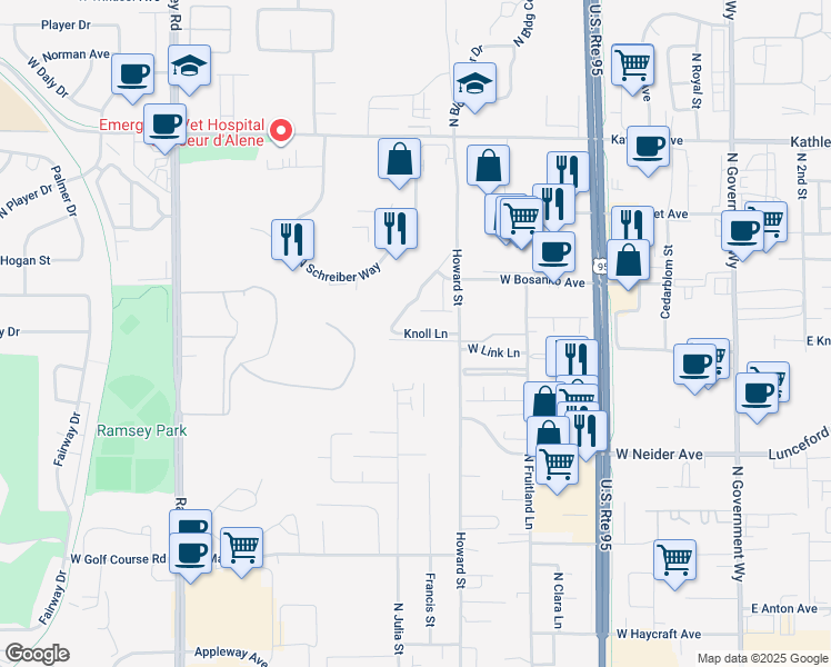 map of restaurants, bars, coffee shops, grocery stores, and more near 943 Knoll Lane in Coeur d'Alene